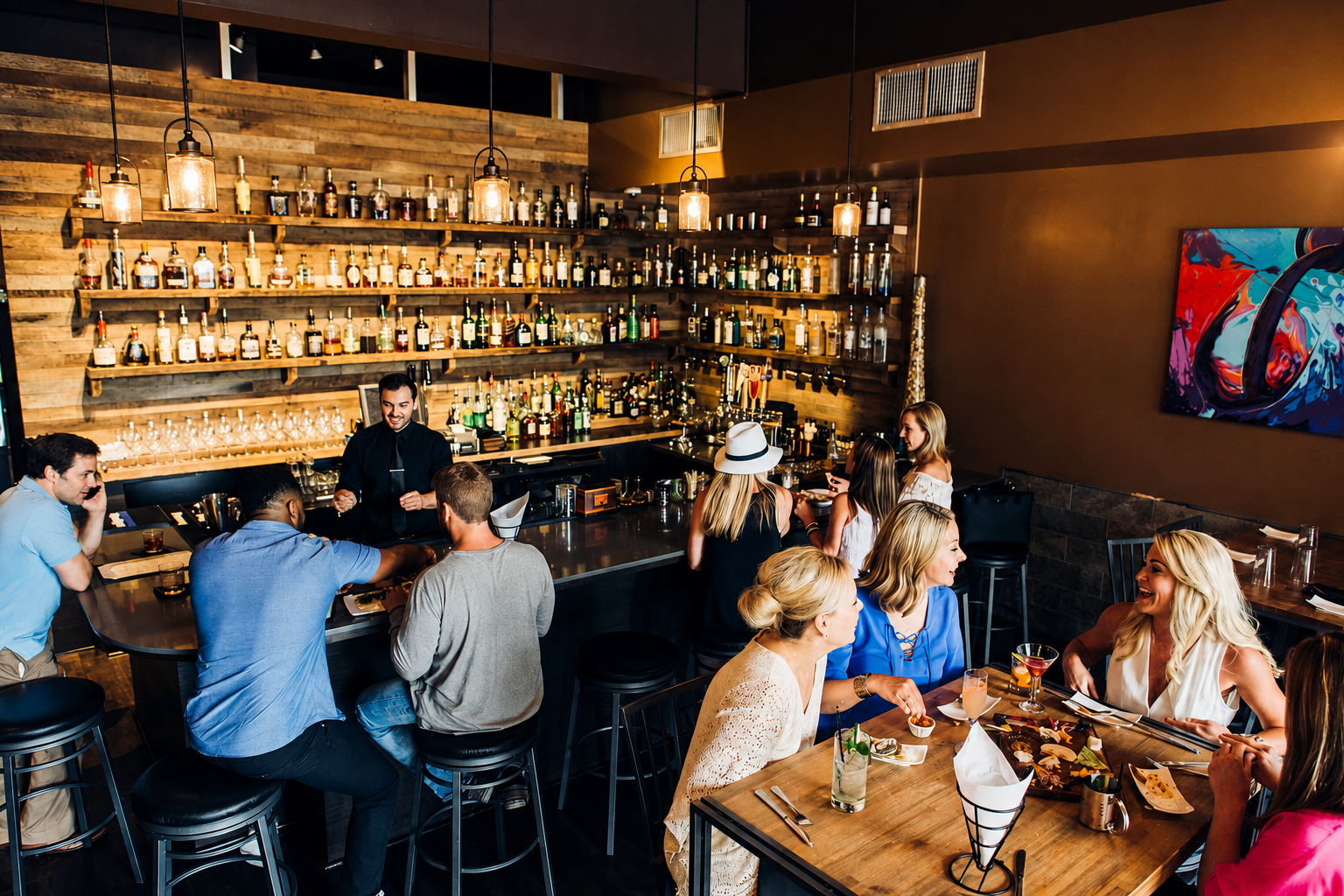 The bar at POUR — bartender pouring drinks beneath warm pendant lights